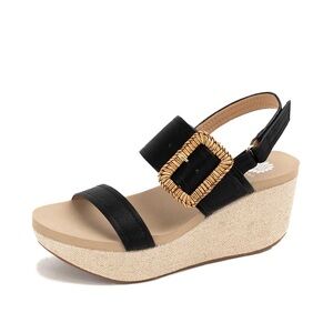 Yellow Box Black Wedges with Accent Buckle